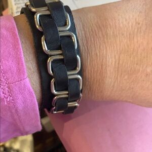 Black Leather Bracelet with Silver Chain